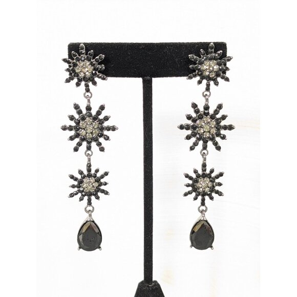 Gothic Black Rhinestone Starburst Flower Long Dangle Earrings Evening - Picture 1 of 6